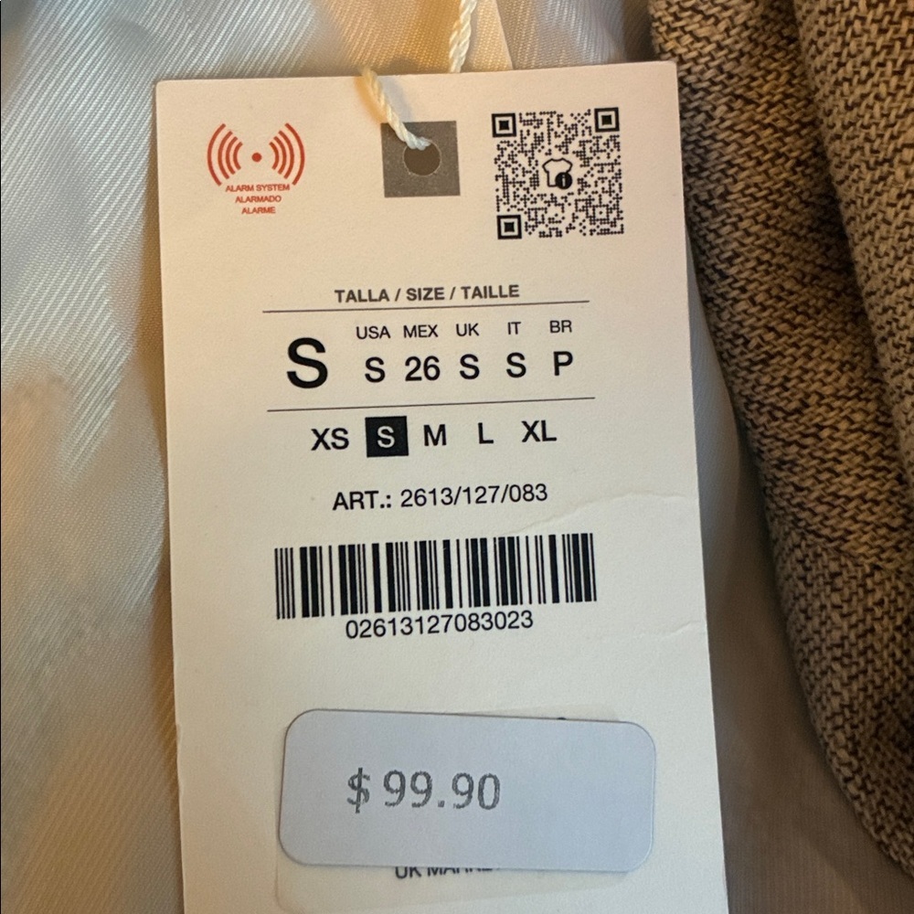 NWT. Zara Beige/Brown Cotton Blend Straight Jacket with Shoulder Pads. Size S. - Picture 10 of 10